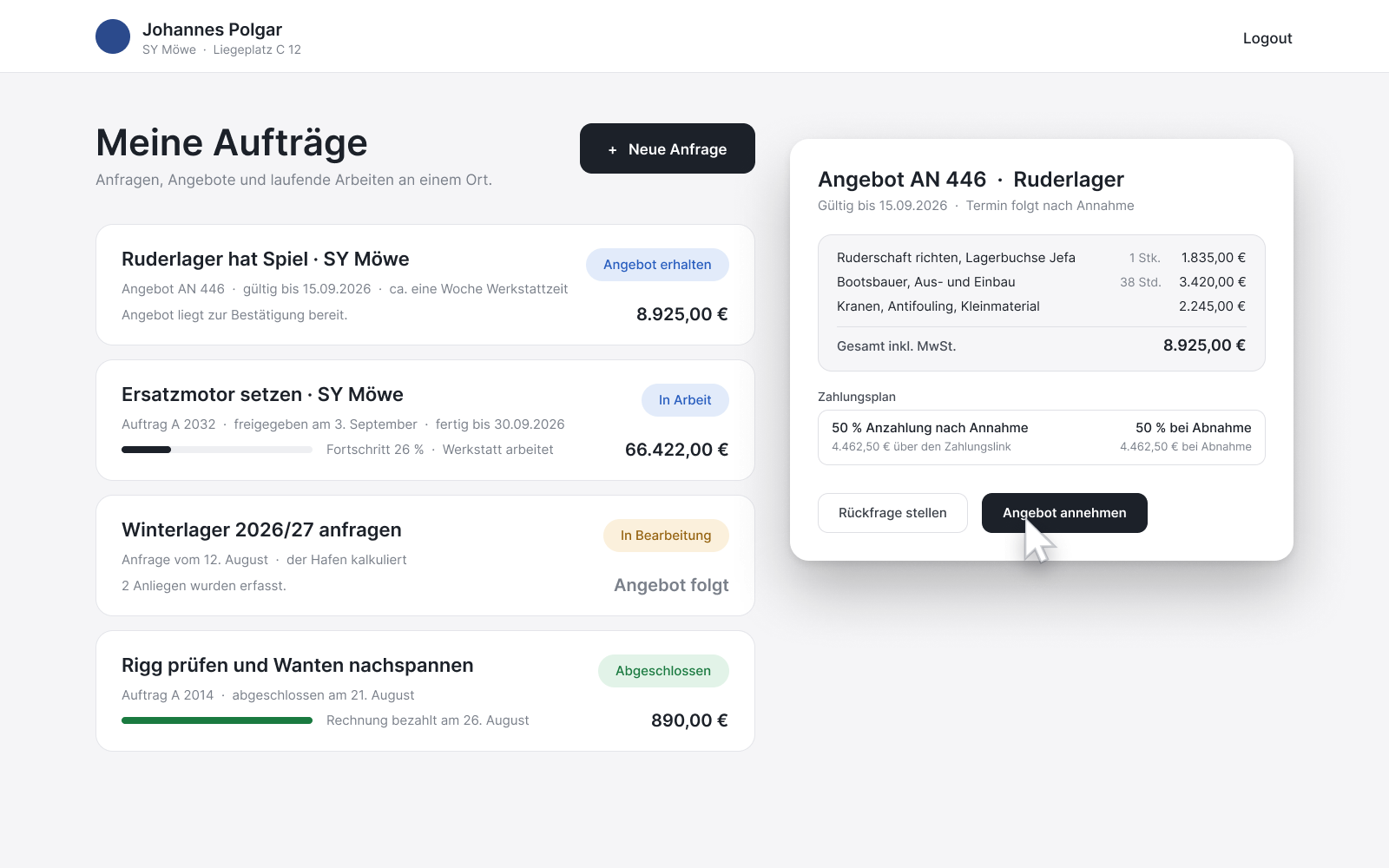 Kundenportal: das Angebot AN 446 mit Positionen, Gesamtsumme von 8.925,00 €, dem Zahlungsplan aus Anzahlung und Restzahlung und dem Knopf „Angebot annehmen“.