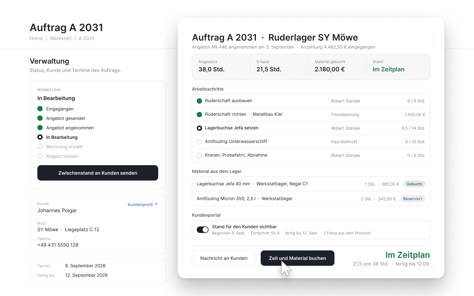 Hafenansicht: der Auftrag A 2031 mit Workflow und Kundendaten, davor das Auftragsfenster mit angesetzten und erfassten Stunden, Arbeitsschritten samt Mitarbeiter und Fremdleistung, gebuchtem Material aus dem Lager und dem Stand, den der Kunde im Portal sieht.