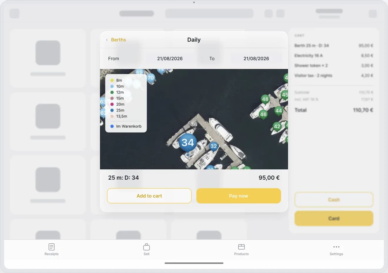 The POS on the iPad: vacant berths on the harbour map, with price, basket and instant payment below.