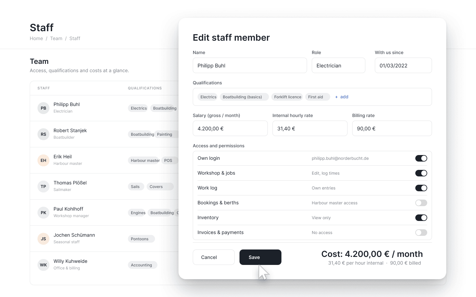 Marina view: the team list with qualifications, in front of it the “Edit staff member” window with role, qualifications, salary and hourly rates, plus the switches for login and access per area, including the harbour master’s access to bookings.