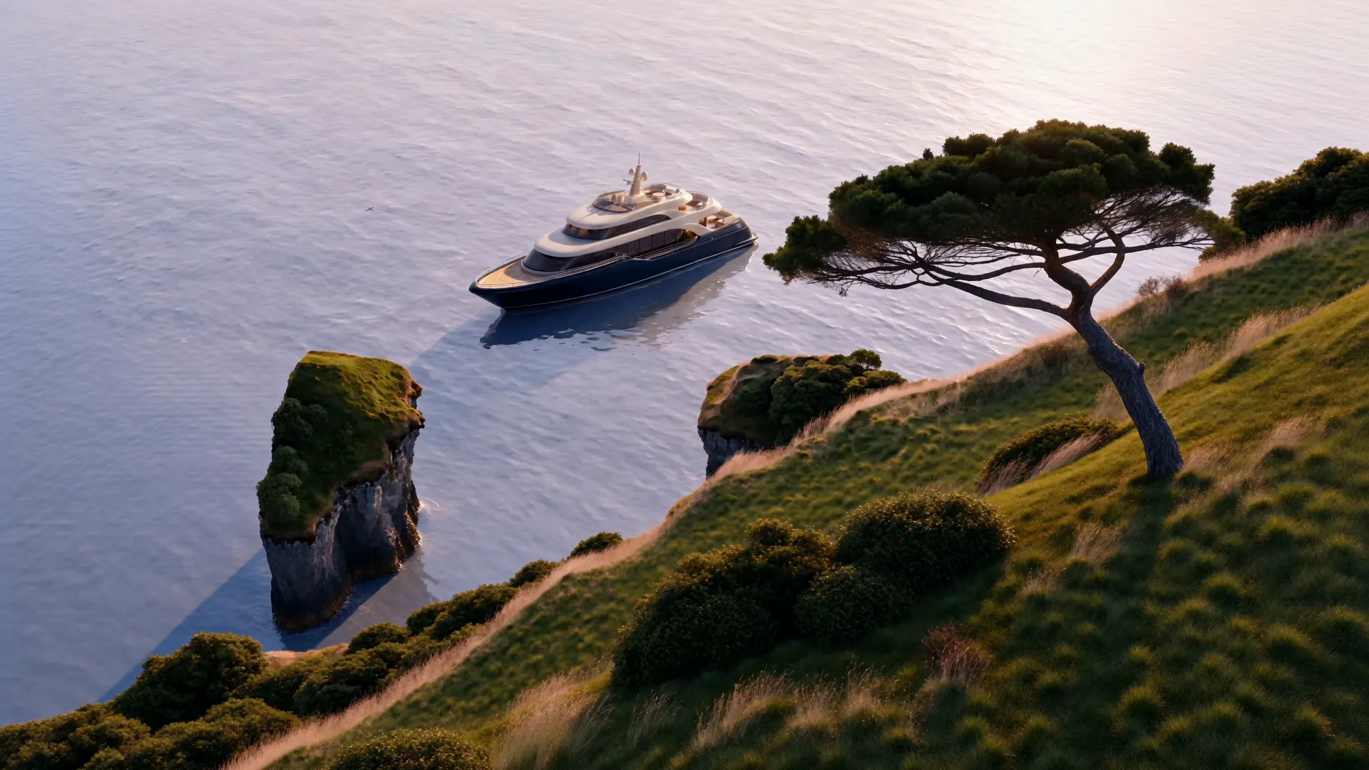 A yacht lies in calm water off a green cliff coast in the evening light